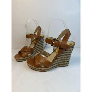 Michael Kors Espadrilles Wedge Sandals Womens Size 7M Brown Leather Ankle Strap